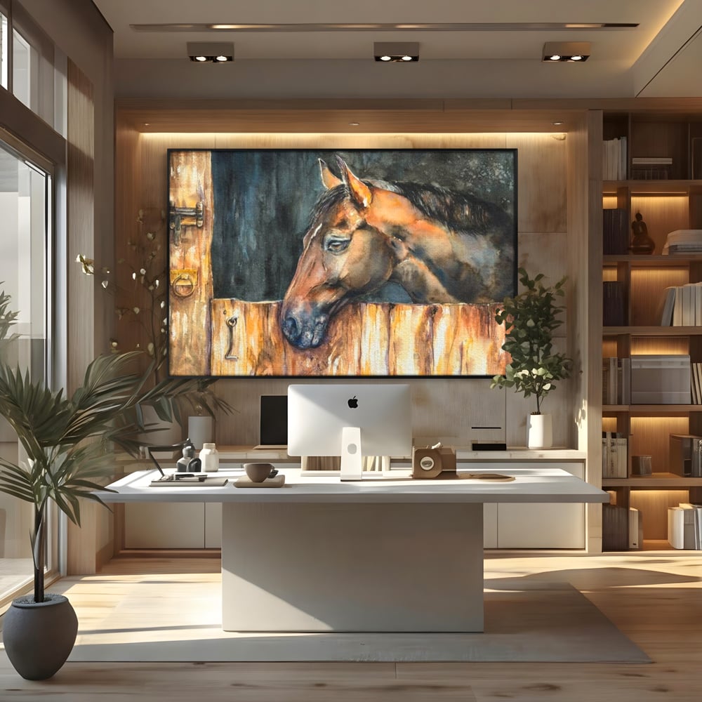 Tablou canvas cu pictura cu un cal brun in hambar, in rama de aluminiu negru, pe perete intr-un birou